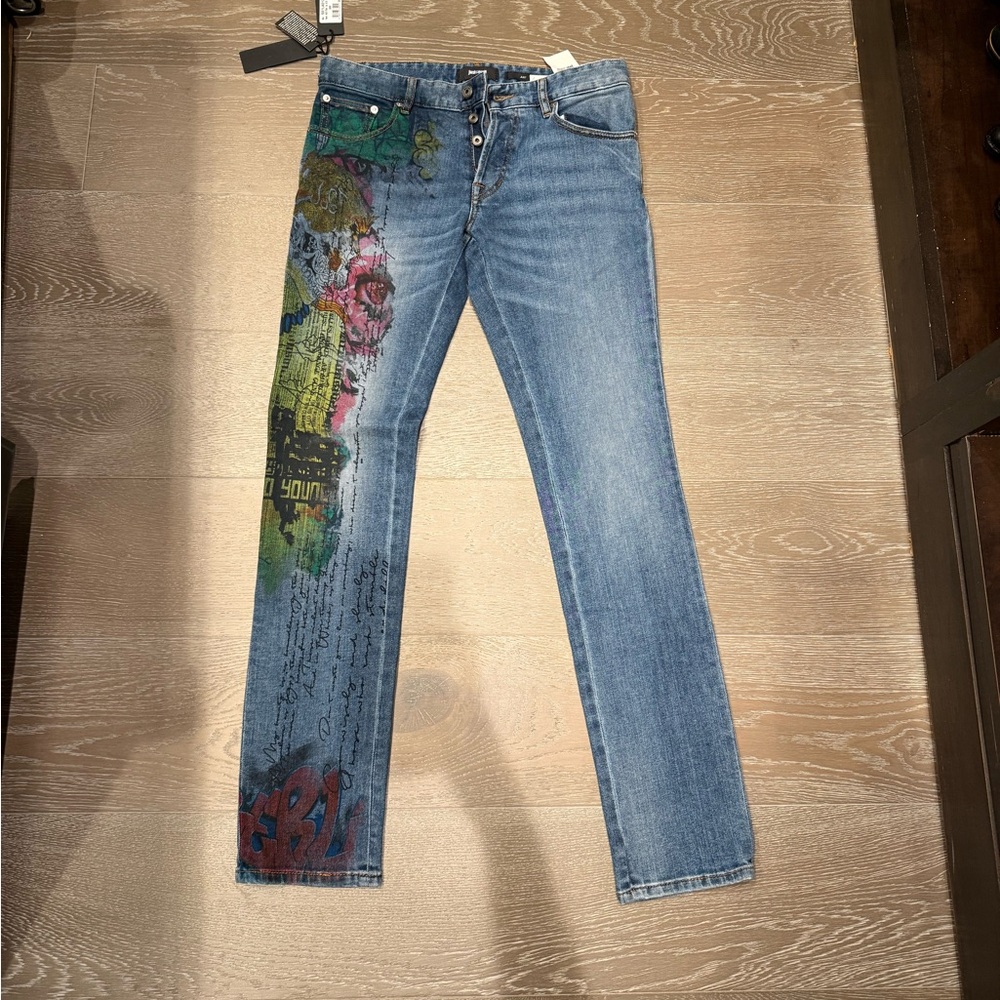 New Mens Just Cavalli Straight Leg Graffiti Print Blue Jeans Italy